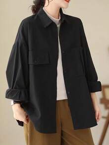 Women's Solid Color Front Button Pocket Shirt, Office, Casual, Daily Wear - Black - View 1