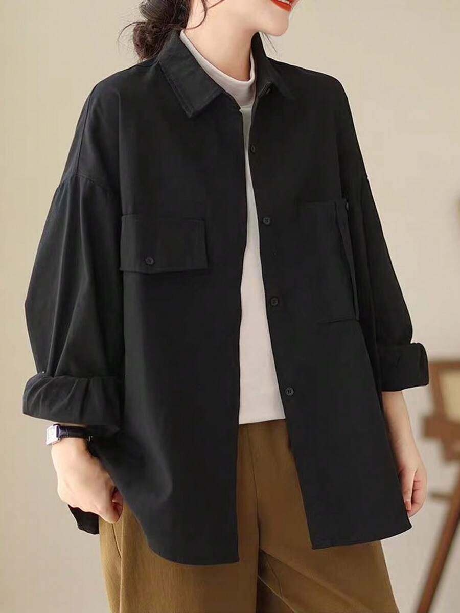 Women's Solid Color Front Button Pocket Shirt, Office, Casual, Daily Wear - Black - View 1