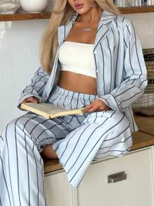 Nina Bonheur 2件套女士宽松舒适透气条纹长袖上衣和裤子家居服套装，舒适保暖，秋冬服装 - 灰色 - 查看 7