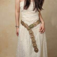 1 Piece Women's Belt Metal Snap Decoration Dress Fashion Retro Wasteland Style Waist Seal Eyelet Oval Piece Carving - 古銀豹紋 - 查看 2