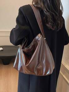 1 pièce Sac à épaule pour femmes en PU vintage huilé marron café avec rivets, œillets et coutures. Sac fourre-tout polyvalent et casual, convenant pour un usage quotidien, les trajets et le style universitaire. Grand sac seau à capacité importante, nouvelle arrivée pour l'automne/hiver