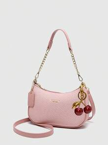 New Fashion Classic Wild Letter Pattern Decoration Design Solid Color Pu Waterproof Fabric Shoulder Bag Crescent Bag Underarm Bag Suitable For Shopping, Can Be Slung. With Cherry Pendant Decoration, Summer Crescent Bag, Seaside Holiday, School Season, Ladies Purse. - Pink - View 2