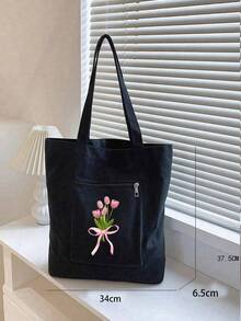 1 pieza Bolso de lona grande con estampado floral rosa, bolso de mano, bolsa de compras, bolsa de fiesta, bolsa de recuerdo de boda y cumpleaños, bolso de mano hecho a mano, bolsa de regalo de fiesta, bolso de mujer, bolsa de lona - Negro - Ver 5