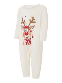 Family Matching Christmas Set Elk Print Long Sleeve Round Neck Tops/Romper Striped Trousers Loungewear Sleepwear