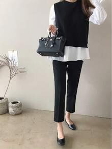 Women's Tops, Korean/Japanese Style, Plus Size, Fall/Winter Hot Item, Two-Piece Set With Knit Vest And Long Sleeve Shirt - Layered Outfit For Every Season - 黑色 - 查看 7