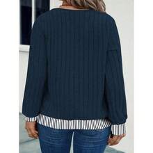 Women Plus Size V-Neck Color Block Ribbed Trim Soft Loose Knit Sweatshirt, Autumn/Winter Graduation,Back To School Outfits,Graduation,Teacher Outfits For Women,Back To SchoolPulloverFall Outfit - Navy Blue-1 - View 2
