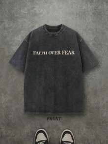 Retro Washed T-Shirt Double Sided Printed (230 Pure Cotton T-Shirt) 'FAITH OVER FEAR'  Letter Print, Mens TShirt, Mens Shirt Casual, Comfortable, Fashionable T-Shirt, Street Style Cotton - 黑色 - 查看 3