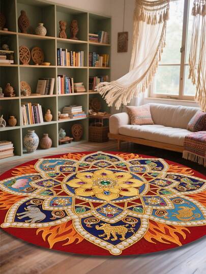 1 块圆形曼陀罗图案地毯，装饰地毯，多色水果设计厚毛绒地毯，适用于室内装饰、楼梯、走廊、浴室、客厅、卧室、入口、厨房、游戏室、书房，耐用