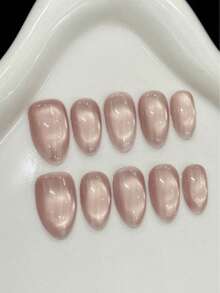 10PCS Short Almond Handmade Press On Nails For Party And Daily Wear,Pink Nails,Blue Nails ,Cat's Eye.Short Nail,Easy To Wear 10pcs Y2K Handmade Press On Nails,Summer Nails ,Summer Style,Suitable For Girls And Women Festivals Parties And Daily Wear Nail Supplies - Champagne - View 8
