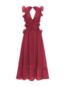 Unadoll Women's Casual Vacation Deep V Sexy Backless Ruffle Hem Dress, Suitable For Beach, Travel, Daily Life, Date, Music Festival And Back To School - Burgundy - View 3