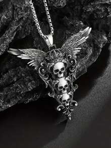 1pc Niche Vintage Gothic Skeleton Wing Pendant Necklace, Fashionable & Unique Halloween Accessory - Silver - View 1