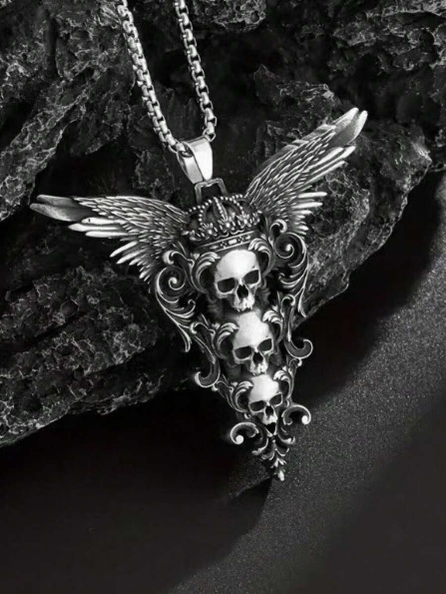 1pc Niche Vintage Gothic Skeleton Wing Pendant Necklace, Fashionable & Unique Halloween Accessory - Silver - View 1