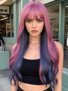 Blue Pink Bangs Wavy Long Wig 26 Inches For Party Styling Versatile Fashion Look