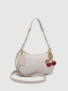 New Fashion Classic Versatile Letter Graphic Decor Solid Color Waterproof PU Fabric Shoulder Bag, Crescent Bag, Underarm Bag, Suitable For Shopping, Can Be Worn Crossbody. Decorated With Cherry Pendant, Crescent Bag For Summer, Suitable For Beach Vacation, Back To School Season, Women Wallet. - White - View 3