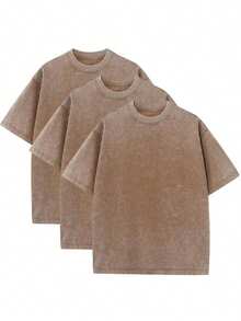 3 Pack Men's Vintage Washed Oversized Cotton T Shirts Loose Fit Short Sleeve Casual Streetwear Unisex Tops - 3件咖啡 - 查看 1