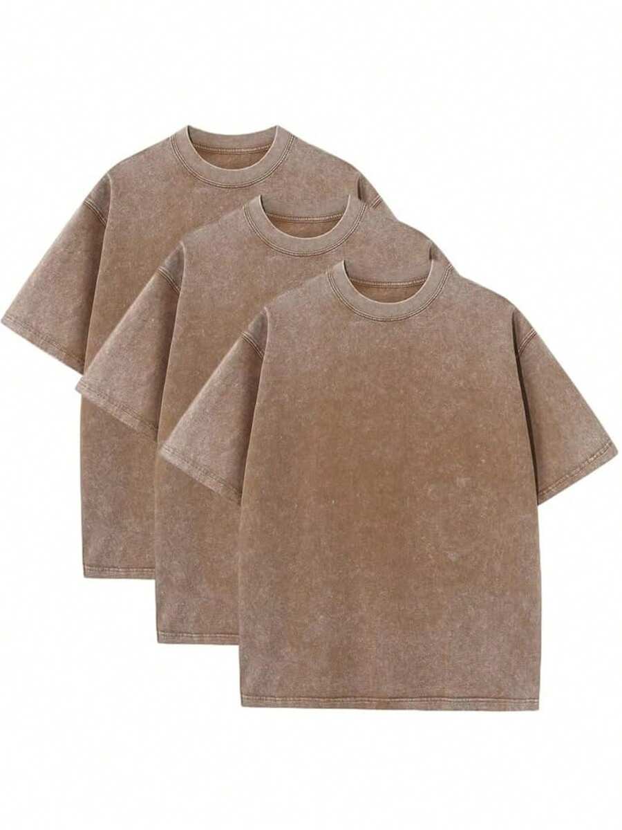 3 Pack Men's Vintage Washed Oversized Cotton T Shirts Loose Fit Short Sleeve Casual Streetwear Unisex Tops - 3件咖啡 - 查看 1