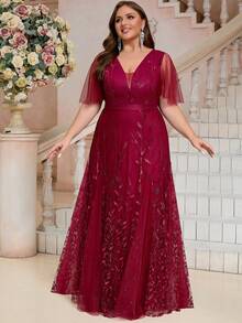 女士加大码优雅亮片叶图案拼布网眼拉链优雅成熟保守派对浪漫网眼领带晚会礼服，适合婚礼、派对、生日、周年纪念、毕业典礼、节日、鸡尾酒会、正式晚宴、春夏秋冬 - 酒紅色 - 查看 1