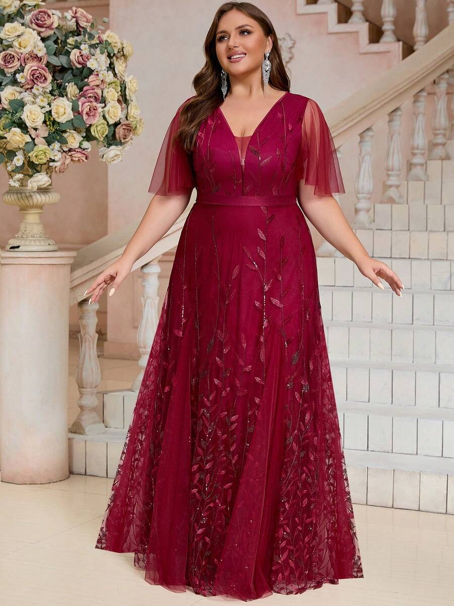 女士加大码优雅亮片叶图案拼布网眼拉链优雅成熟保守派对浪漫网眼领带晚会礼服，适合婚礼、派对、生日、周年纪念、毕业典礼、节日、鸡尾酒会、正式晚宴、春夏秋冬 - 酒紅色 - 查看 1