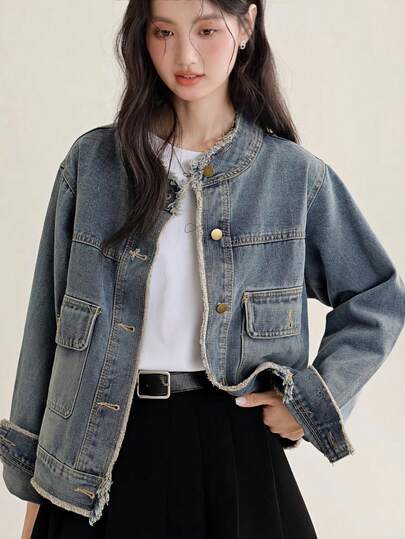 女式复古磨边水洗牛仔夹克，宽松短款，百搭春秋