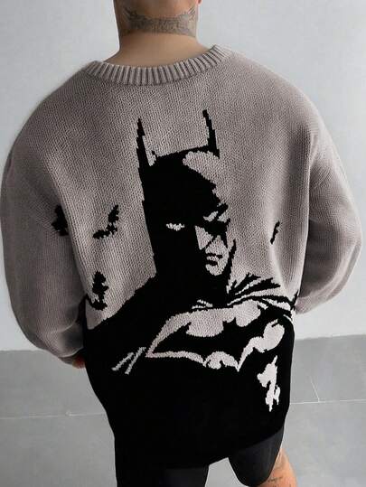 Warner Bros Men's Casual Loose Fit Batman Jacquard Pattern Crew Neck Long Sleeve Pullover Sweater, Streetwear Style For Autumn And Winter