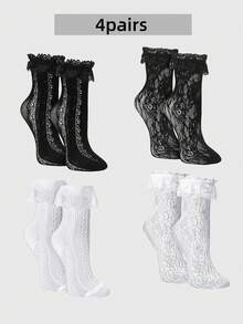 4 Pairs Women's Lace Mesh Ankle Socks - Summer Breathable Socks With Ruffled Trim, Lolita Style Socks - 4pairs - View 2