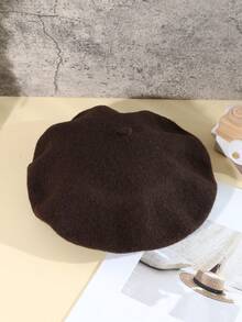 1 件女士纯色羊毛贝雷帽，艺术日式风格，适合外出和素描，秋冬 - 咖色 - 查看 2