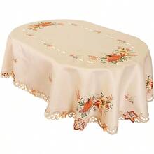 Embroidered Fall Autumn Harvest Pumpkins Tablecloth For Thanksgiving Oval 57*84 Inches - Beige - View 1