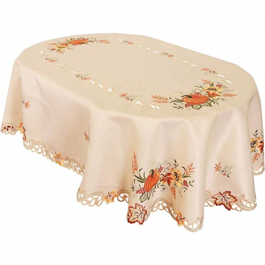 Embroidered Fall Autumn Harvest Pumpkins Tablecloth For Thanksgiving Oval 57*84 Inches - Beige - View 1
