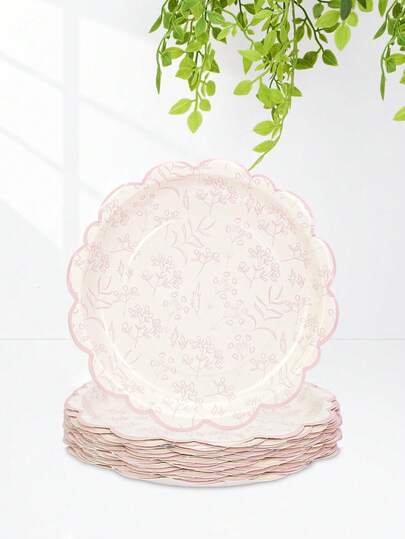 10 件/20 件/50 件 10 英寸大号粉色花朵纸盘浅粉色花卉纸盘扇形粉色和白色中国风复古花朵甜点盘餐盘适用于婚礼生日节日派对用品