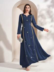 Gaun Maxi Arab Lengan Panjang Elegan dengan Leher Berlekuk dan Tali Pengikat untuk Wanita (Panel Depan Berhiaskan Pita Manik-Manik, Acak, Mungkin Tidak Sampai ke Bagian Atas) - Royal Blue - View 6