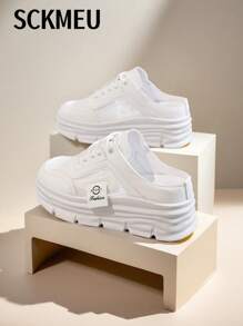 SCKMEU 1 双女式网眼拼布一脚蹬穆勒鞋，厚底时尚休闲运动鞋 - 白色 - 查看 8