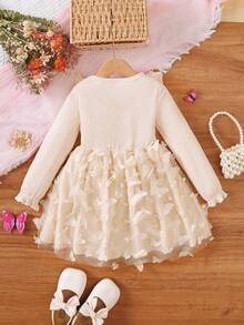 女童春秋季蝴蝶网纱拼接连衣裙，圆领长袖蝴蝶结装饰休闲网纱拼接公主裙，适合4-7岁女孩日常、户外、街头、派对等场合穿着。 - 杏色 - 查看 2