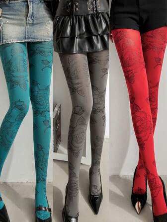 1pc Women's Rose Jacquard Vintage Pantyhose - Elegant & Sexy Floral Pattern In Red, Blue, Gray, Black, Khaki - Fashionable Leg Decor For Women, Suitable For Daily, Party, Performance Matching And Gifts, Cozy