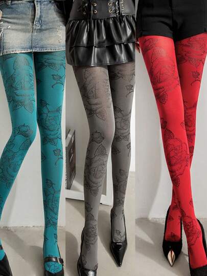 1 pezzo Collant vintage da donna con motivo jacquard a rose - Elegante e sexy motivo floreale in rosso, blu, grigio, nero, cachi - Decorazione elegante per le gambe da donna, adatta per uso quotidiano, feste, performance e regali