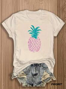 1PC, Women'S Pink T-Shirt With Pineapple Graphic - Soft Blend, Short Sleeve, Round Neck, Casual Summer Top, Perfect For Beach Or Vacation Outfits, Casual Summer Top |   Pineapple Graphic Tee |   Blend FabricS-XXL - 杏色 - 查看 1