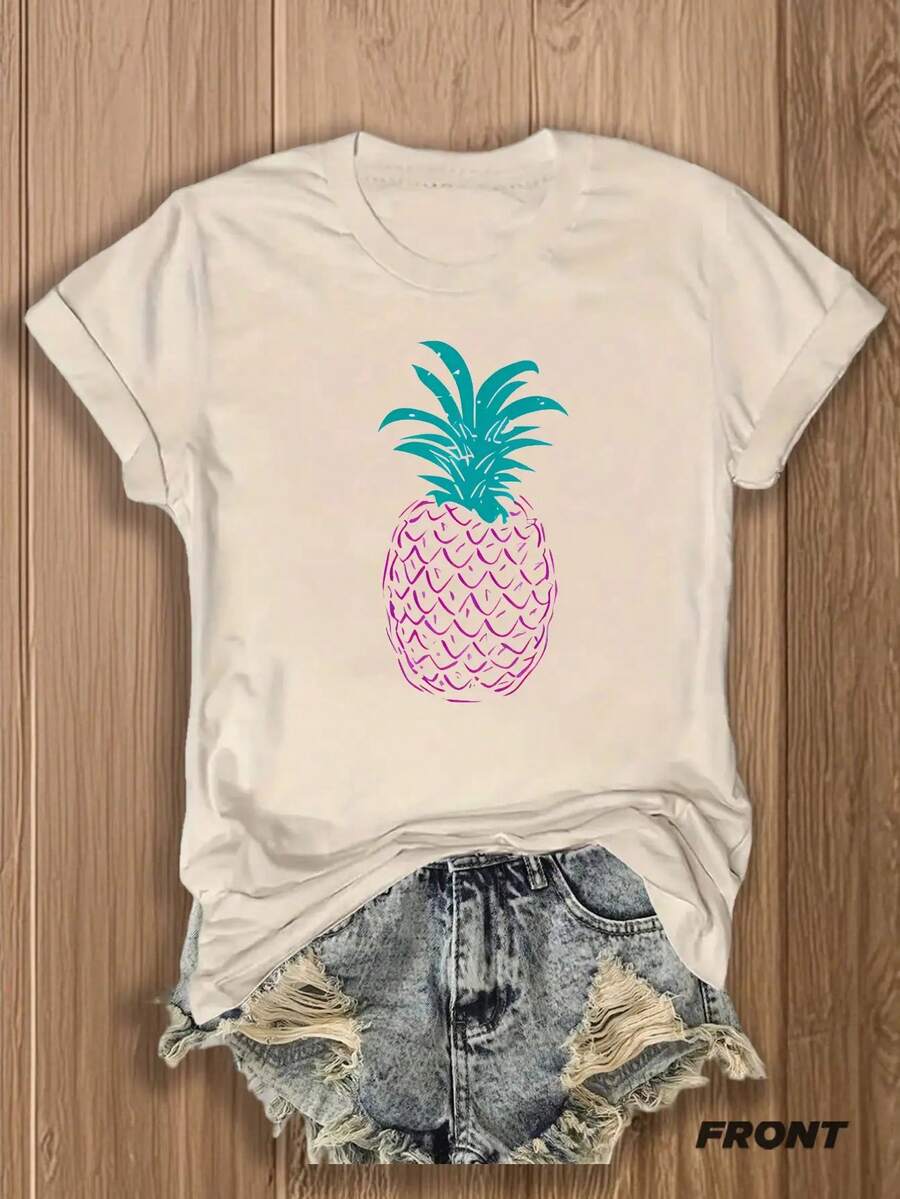 1PC, Women'S Pink T-Shirt With Pineapple Graphic - Soft Blend, Short Sleeve, Round Neck, Casual Summer Top, Perfect For Beach Or Vacation Outfits, Casual Summer Top | Pineapple Graphic Tee | Blend FabricS-XXL - 杏色 - 查看 1