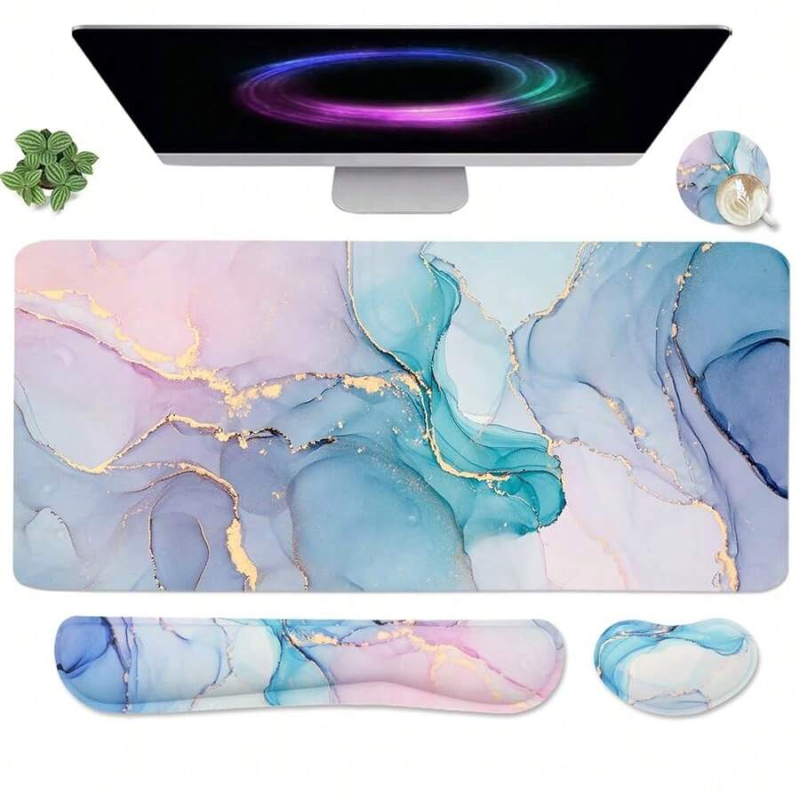 Large Keyboard Mouse Pad Set, Extended Mouse Pad+Keyboard Wrist Rest Support, Memory Foam Ergonomic Easy Typing, 4Pcs (35.4*15.9 In) Desk Pad Set For Home Office Study Game - Colorful-671326 - BlueMarble - View 1