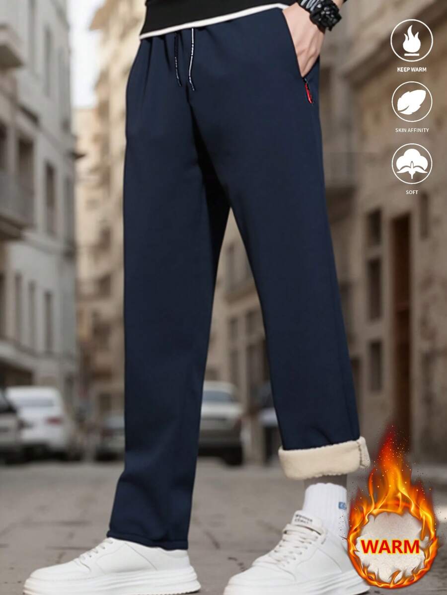 Men's Winter Lamb Wool Warm Pants, Casual Straight Leg Pants With Zipper Pockets And Drawstring, Comfortable And Easy To Match.