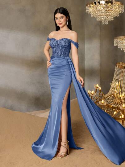 Alisa&Leo Sequin Prom Dress - Off-Shoulder Beaded Snug Fit Bodice Adorned With Crystal Embellishments, Satin Mermaid Silhouette, Suitable For Graduation Dances, Wedding Guest Attire, Formal Galas And Pageants