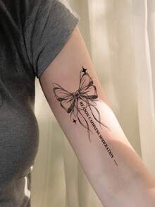 1 件优雅清新的水墨蝴蝶纹身，带英文短语，防水防汗，可持续 1-3 天 - 黑色 - 查看 2