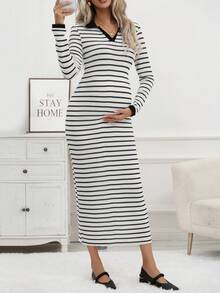 Pregnant Women's Striped Elegant Bodycon Casual Dress With Contrast Trim And Slit, Sexy And Suitable For Autumn/Winter Parties And Daily Wear
