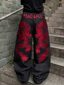 1件复古美式风格男士刺绣阔腿牛仔裤，个性化口袋，宽松休闲牛仔裤（不含腰带和配饰） - 黑色 - 查看 8