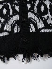 ANDREILEE 秋冬男士街头时尚骷髅印花纽扣开衫，休闲宽松长袖V领毛衣 - 黑色 - 查看 8