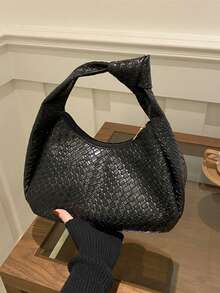 1 chiếc túi đeo vai hình lưỡi liềm dệt thắt nút màu trơn dành cho nữ, đa năng và thời trang - màu đen - Xem 8