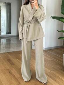 Women's Fashion Drawstring Waist Long Sleeve Cardigan Shirt & Wide Leg Pants Set, Solid Color Casual Summer Outfit Spring - Apricot - View 4