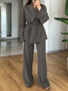 Women's Fashion Drawstring Waist Long Sleeve Cardigan Shirt & Wide Leg Pants Set, Solid Color Casual Summer Outfit - Grey - View 4