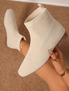 Botines de tobillo de punta afilada con parches y punto, botas cortas francesas vintage de ajuste delgado con acabado mate, botas cortas versátiles de tacón alto al estilo francés, botas de mujer, botas de tacón grueso y ajuste delgado, botas cortas, otoño, talla grande, botas cortas, botas cortas elásticas de punto