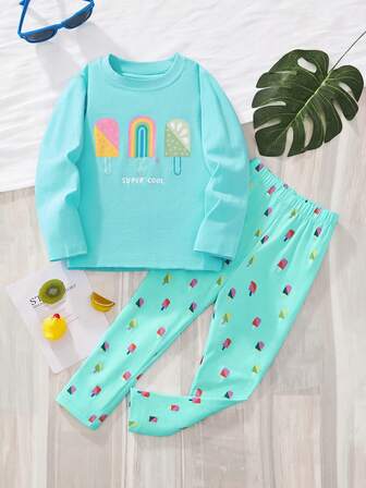 Lilla lilla flickans pyjamasset med långärmad topp och byxor i två delar, tecknat glasstryck, bekväma och avslappnade loungekläder för höst/vinter