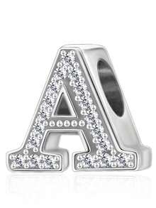 1pc 925 Sterling Silver Letter Pendant Set, Inlaid With CZ Rhinestone Letter Beads Suitable For Bracelets, Personalized Jewelry Gift, Customized Name Letter Pendant Suitable For Bracelets And Necklaces - Silver - View 5