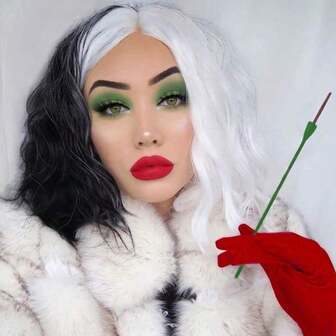 Rosa Star Deville Wig 14inch Short Bob Wavy Black And White Wig Half Black Half White Bob Wigs Synthetic Bob Wigs Glueless Wigs Heat Resistant Synthetic Hair Wigs For Women Halloween Wigs Costume Cosplay Wigs For Party, Affordable Wigs, Fashion Hair Extensions, Holiday Wigs, Christmas, Christmas Eve, And Other Festive Fashion Wigs